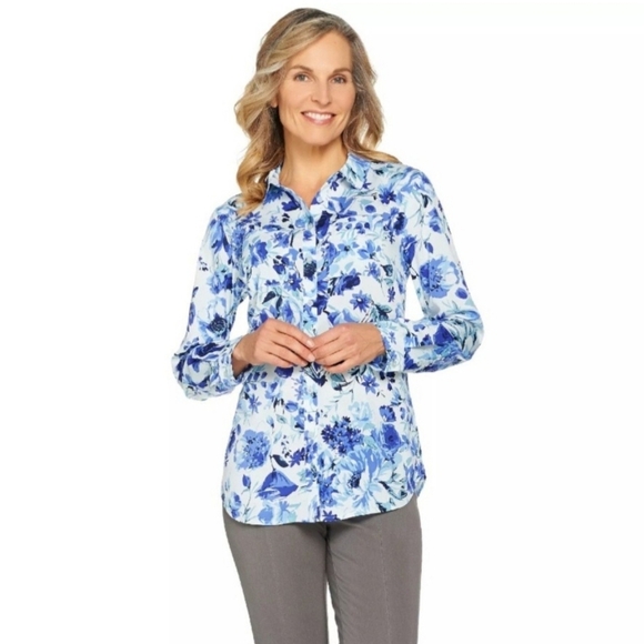 NWT Isaac Mizrahi Blouse Size SP Long Sleeve White Blue Floral Semi-Casual - Picture 1 of 12